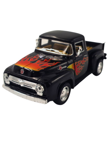 Ford f100 1956 negro con llamas pickup Escala 1:38  - Carros de colección