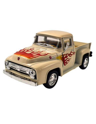 Ford f100 1956 beige con llamas pickup Escala 1:38  - Carros de colección